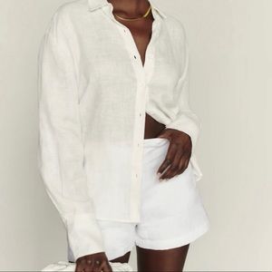 Reformation Preston Linen Button Down Long Sleeve Shirt White Sz XS
